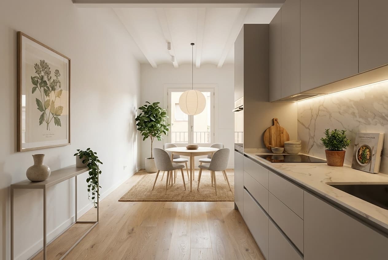 Cocina-comedor con estilo nordico-mediterraneo generado por Vistta