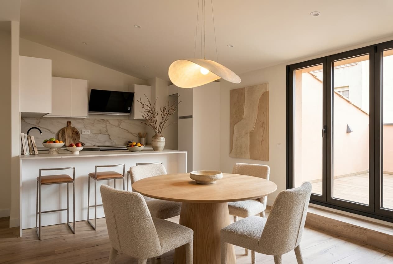 Cocina-comedor con estilo nordico generado por Vistta