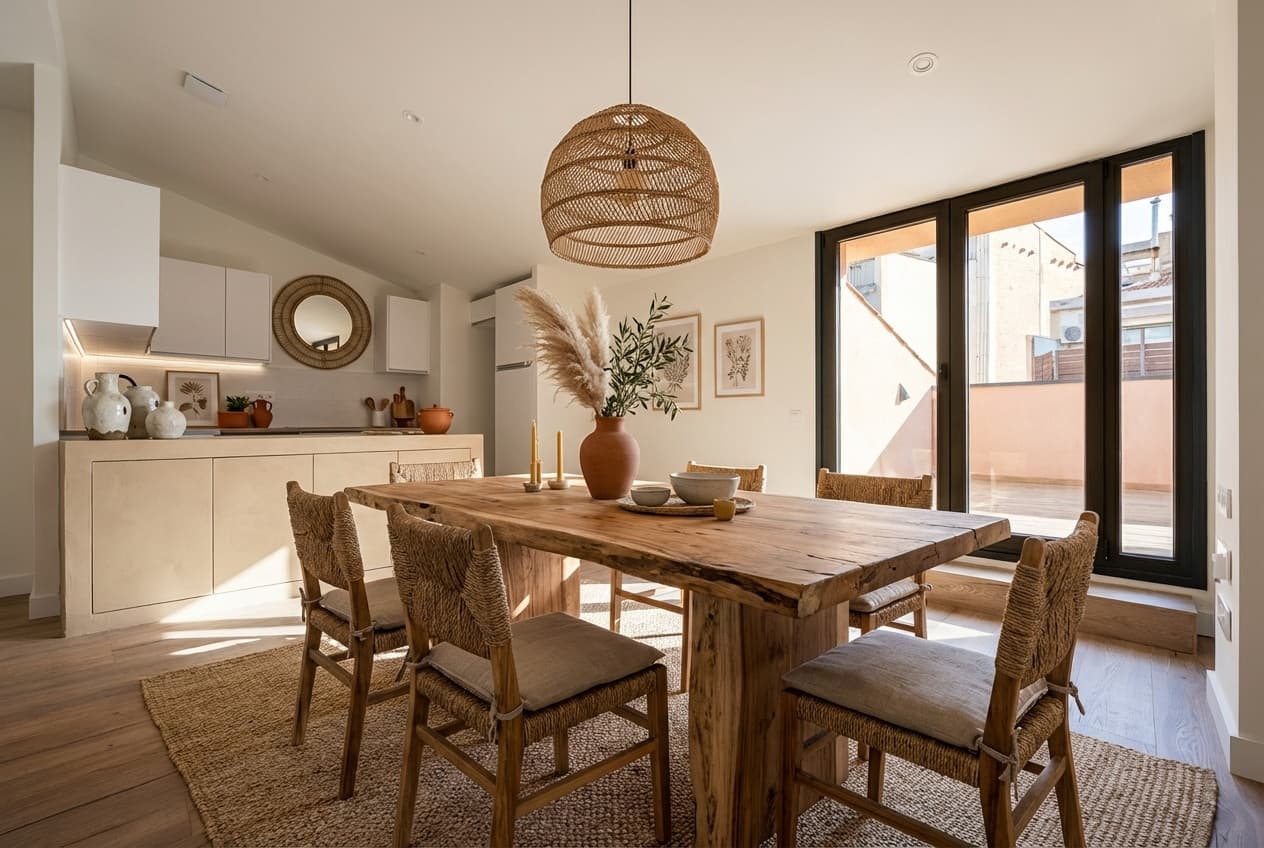 Cocina-comedor con estilo rustico generado por Vistta