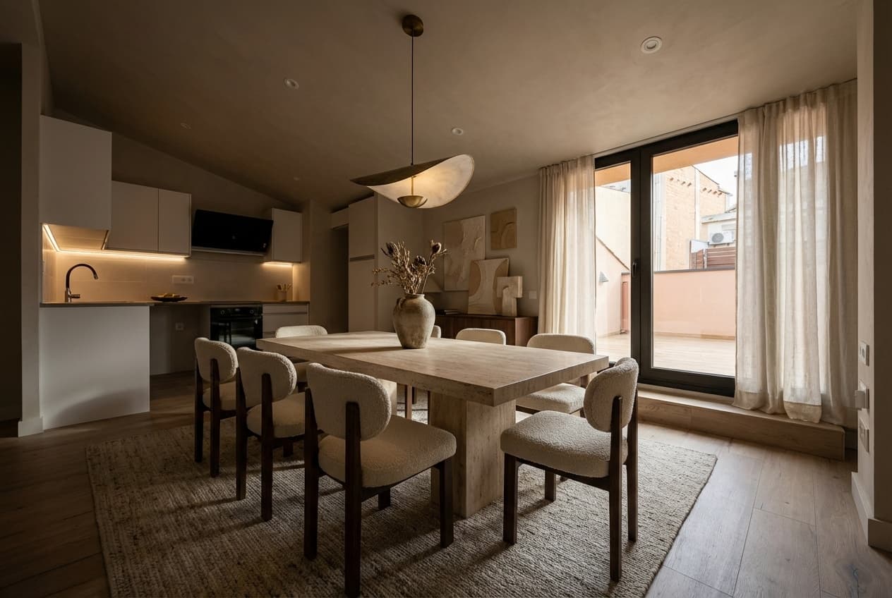 Cocina-comedor con estilo wabi-sabi generado por Vistta