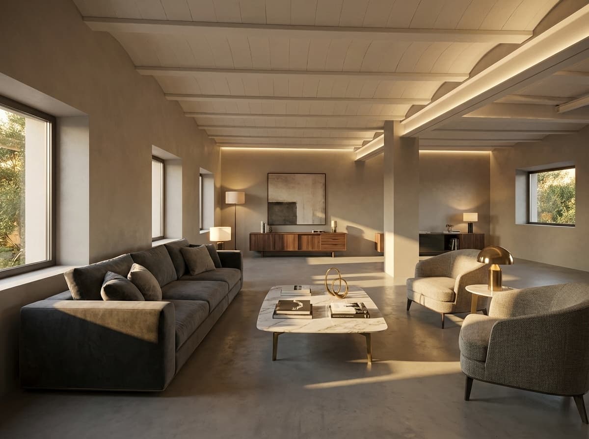 Salon con estilo mediterraneo generado por Vistta